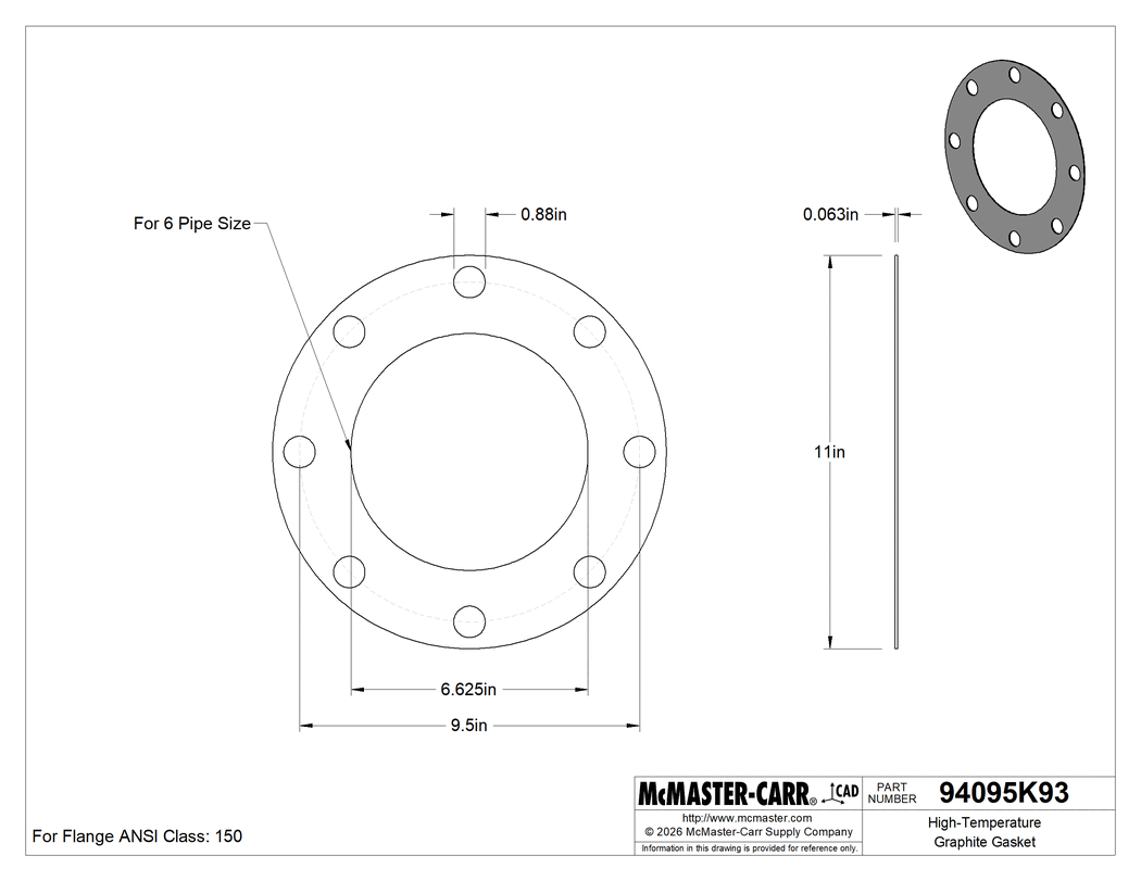 Technical Drawing of High-Temperature Graphite Gasket, with Bolt Holes, for 6 Pipe Size, ANSI Class 150.